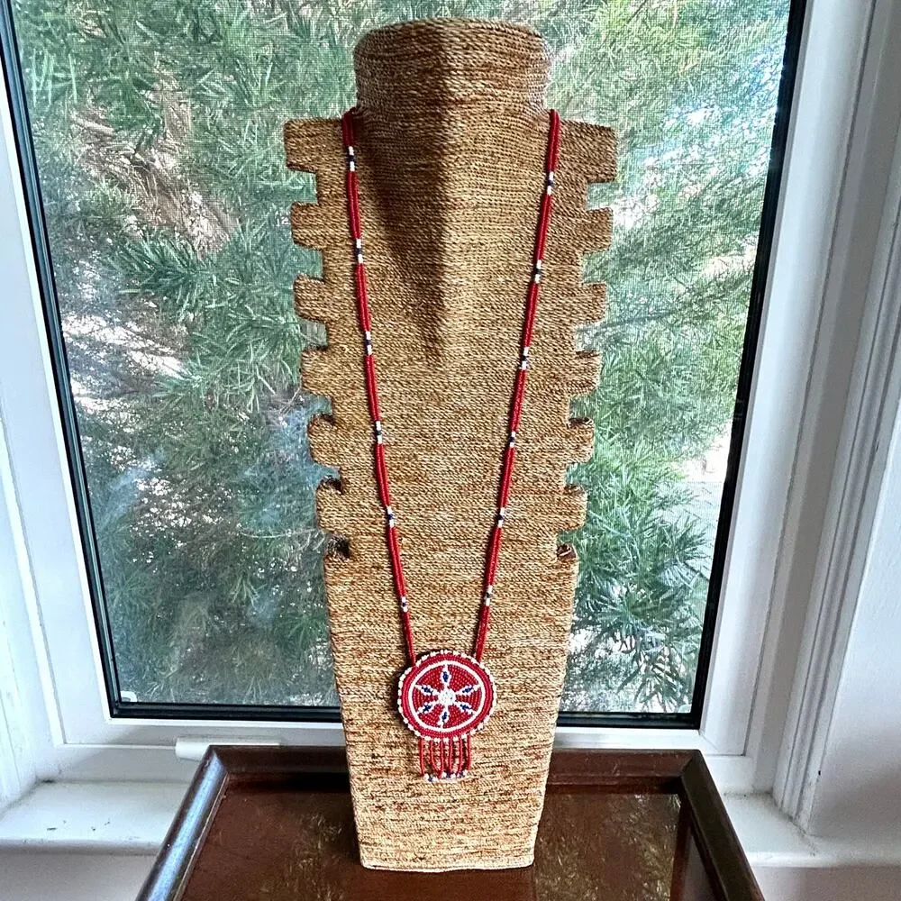 Vintage Beaded Medallion Necklace Red White Blue Southwestern Style